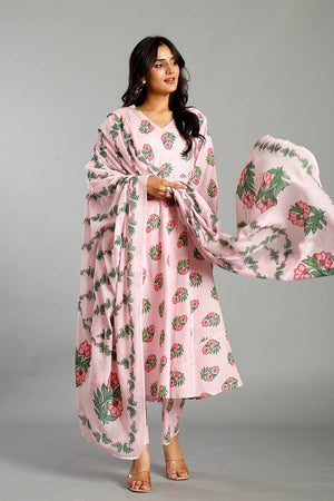 Pink Floral Printed Cotton Straight Cut Suit Set
