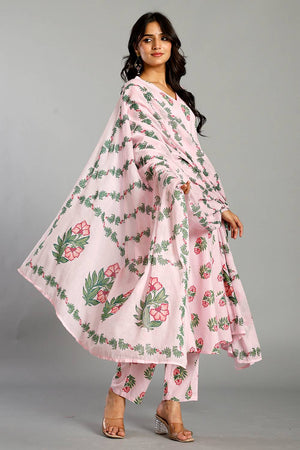 Pink Floral Printed Cotton Straight Cut Suit Set