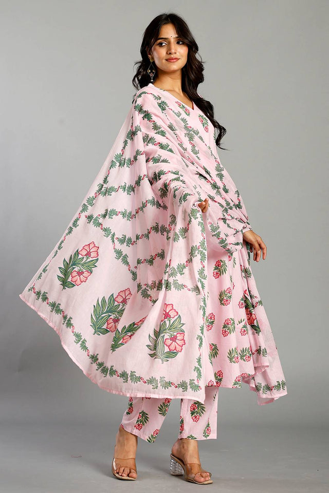 Pink Floral Printed Cotton Straight Cut Suit Set