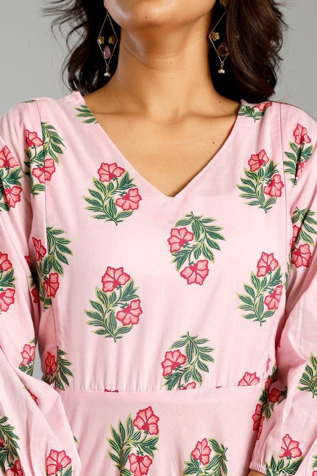 Pink Floral Printed Cotton Straight Cut Suit Set