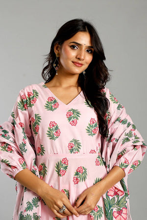 Pink Floral Printed Cotton Straight Cut Suit Set