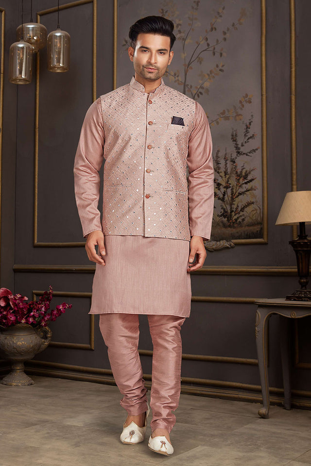 Peach Mirror Sequin Mastani Silk Kurta Pajama Koti Set