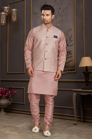 Peach Mirror Sequin Mastani Silk Kurta Pajama Koti Set