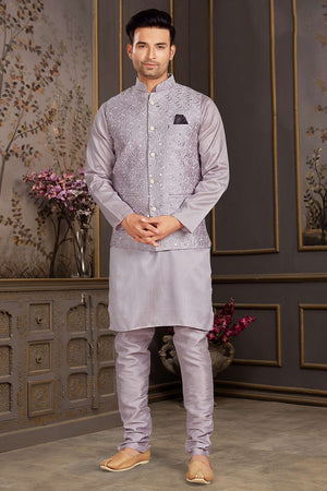 Lavender Mirror Sequin Mastani Silk Kurta Pajama Koti Set