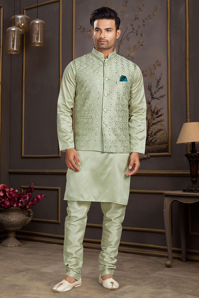 Green Mirror Sequin Mastani Silk Kurta Pajama Koti Set