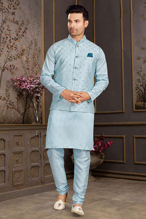 Blue Mirror Sequin Mastani Silk Kurta Pajama Koti Set