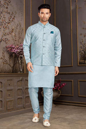 Blue Mirror Sequin Mastani Silk Kurta Pajama Koti Set