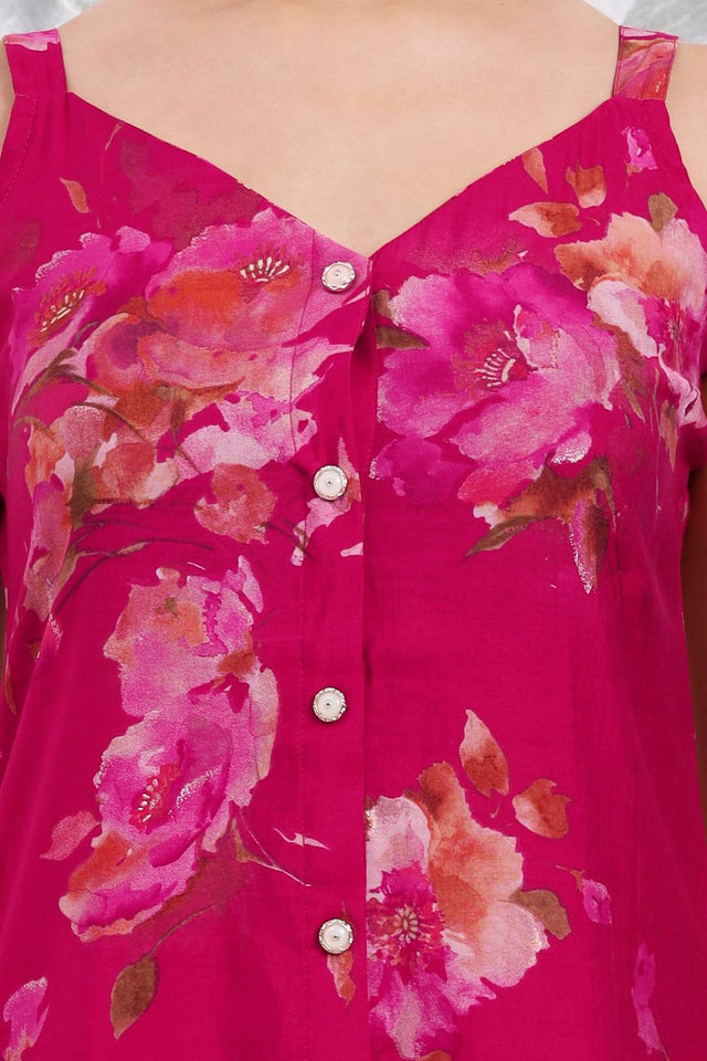 Dark Pink Floral Printed Cotton Palazzo Suit Set