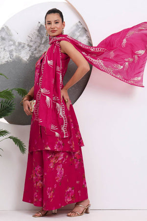 Dark Pink Floral Printed Cotton Palazzo Suit Set
