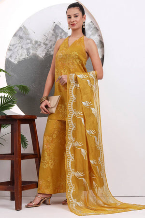 Mustard Floral Printed Silk Blend Palazzo Suit Set