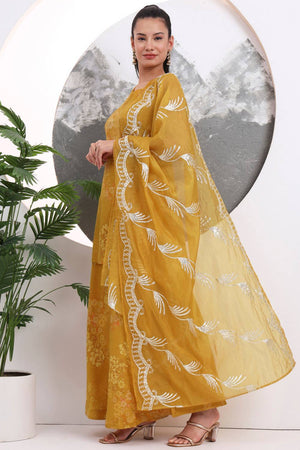 Mustard Floral Printed Silk Blend Palazzo Suit Set
