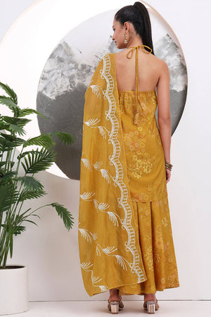Mustard Floral Printed Silk Blend Palazzo Suit Set