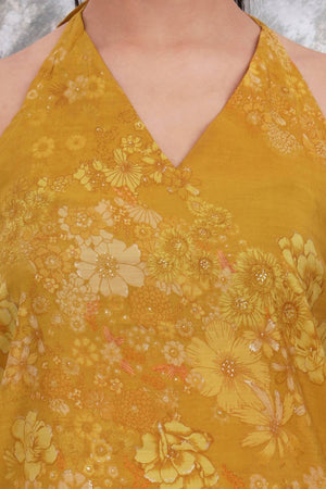 Mustard Floral Printed Silk Blend Palazzo Suit Set