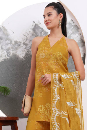 Mustard Floral Printed Silk Blend Palazzo Suit Set