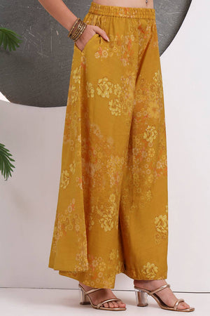 Mustard Floral Printed Silk Blend Palazzo Suit Set