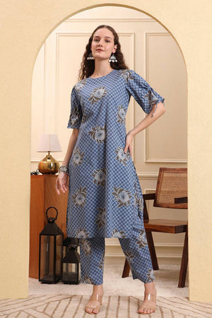 Blue Printed Cotton Straight Cut Suit Set