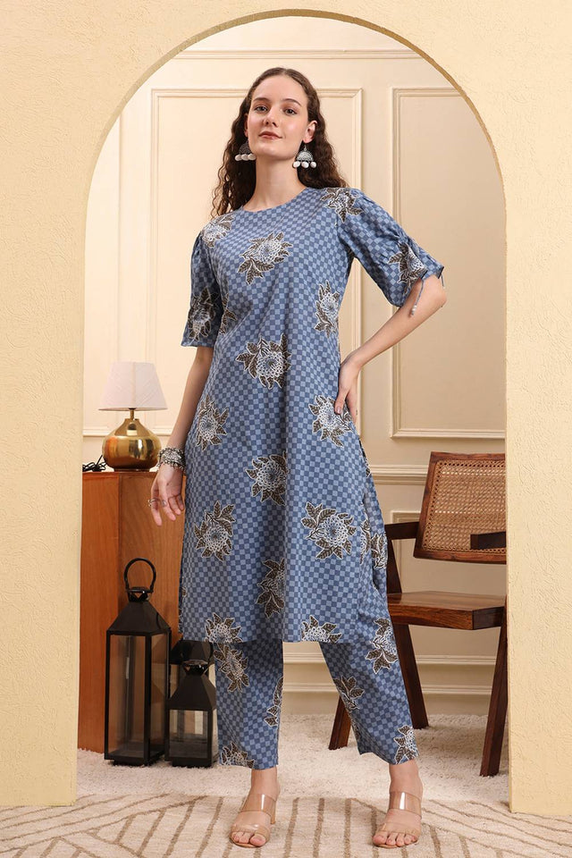 Blue Printed Cotton Straight Cut Suit Set