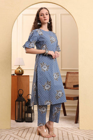 Blue Printed Cotton Straight Cut Suit Set