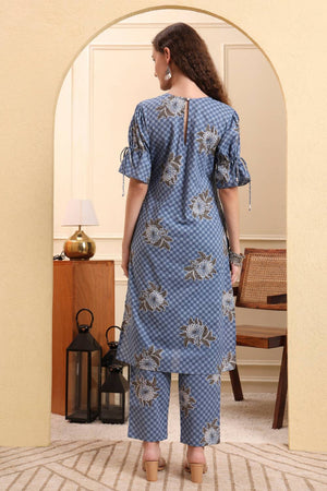 Blue Printed Cotton Straight Cut Suit Set