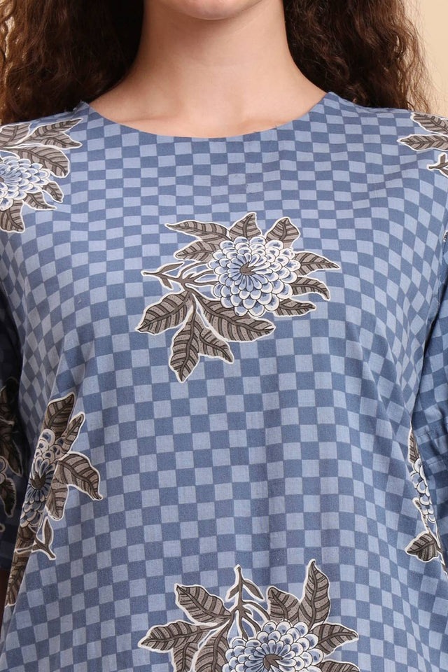 Blue Printed Cotton Straight Cut Suit Set