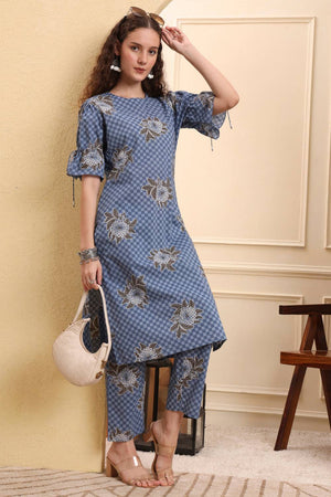 Blue Printed Cotton Straight Cut Suit Set
