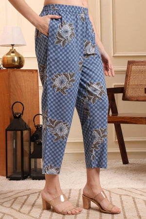 Blue Printed Cotton Straight Cut Suit Set