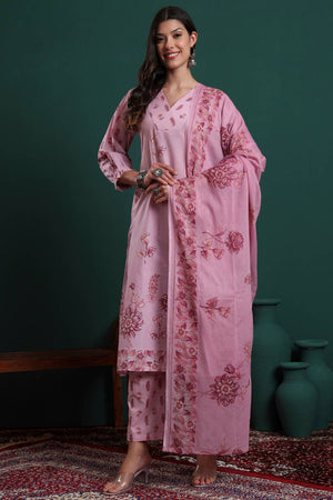 Pink Floral Printed Cotton Straight Cut Suit Set