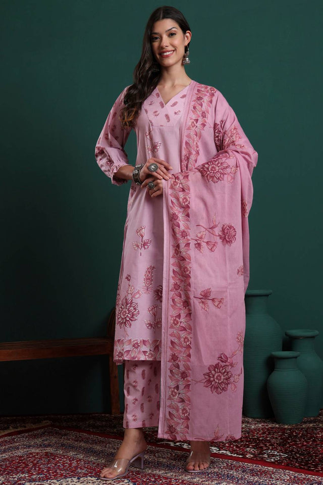 Pink Floral Printed Cotton Straight Cut Suit Set