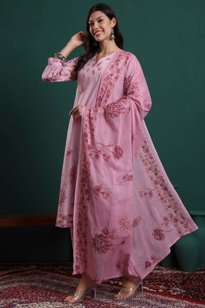 Pink Floral Printed Cotton Straight Cut Suit Set