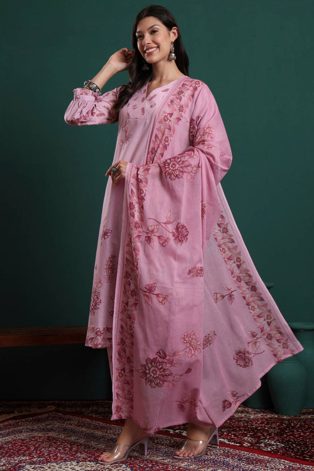 Pink Floral Printed Cotton Straight Cut Suit Set