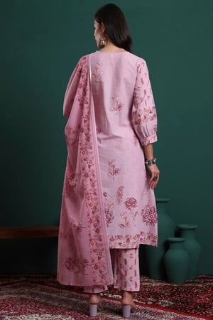 Pink Floral Printed Cotton Straight Cut Suit Set