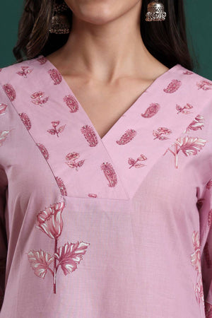 Pink Floral Printed Cotton Straight Cut Suit Set