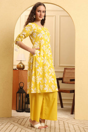 Yellow Floral Printed Cotton Straight Cut Suit Set