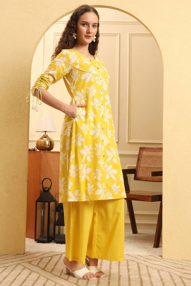 Yellow Floral Printed Cotton Straight Cut Suit Set
