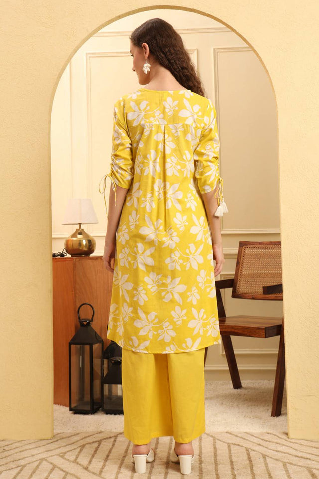 Yellow Floral Printed Cotton Straight Cut Suit Set