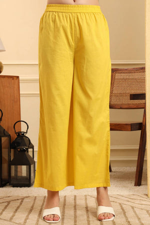 Yellow Floral Printed Cotton Straight Cut Suit Set