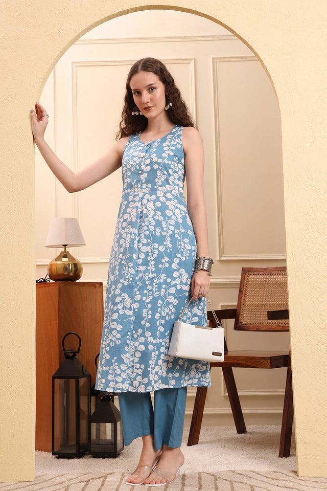 Blue Printed Cotton Straight Cut Suit Set