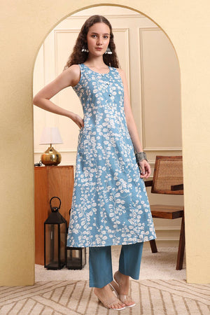 Blue Printed Cotton Straight Cut Suit Set