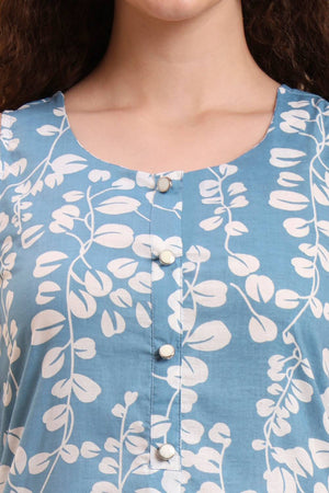 Blue Printed Cotton Straight Cut Suit Set