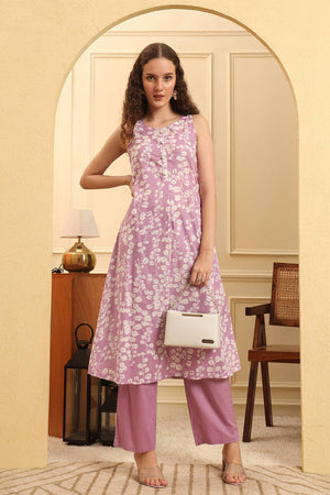 Violet Printed Cotton Straight Cut Suit Set