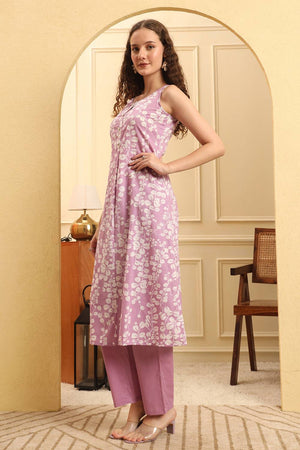 Violet Printed Cotton Straight Cut Suit Set