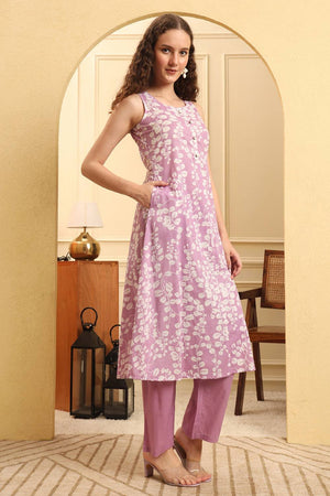 Violet Printed Cotton Straight Cut Suit Set