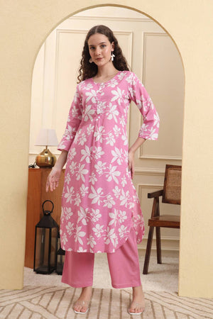 Pink Printed Cotton Straight Cut Suit Set