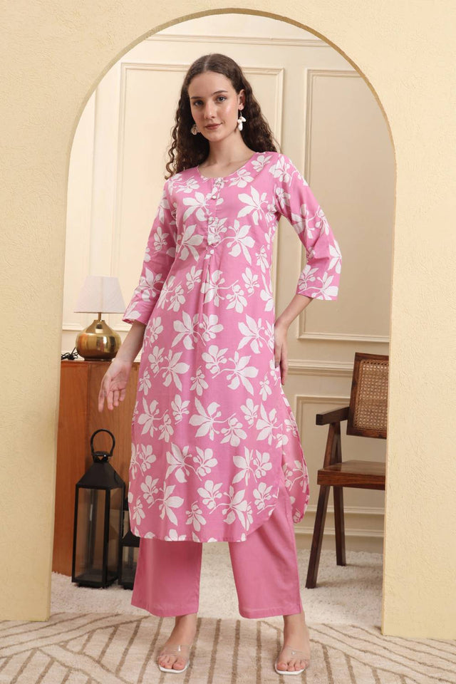 Pink Printed Cotton Straight Cut Suit Set