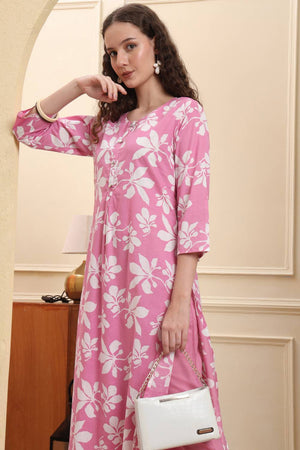 Pink Printed Cotton Straight Cut Suit Set