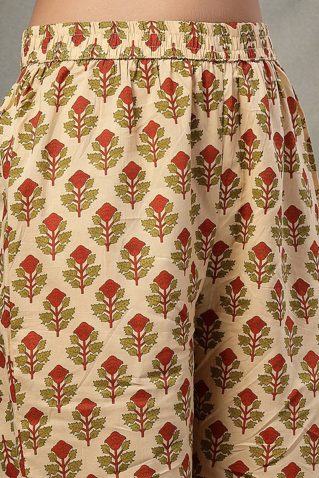 Green Floral Printed Cotton Straight Cut Suit Set