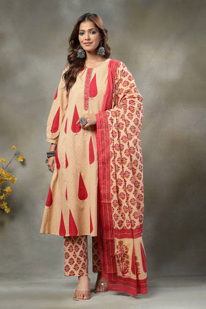 Red Floral Printed Cotton Straight Cut Suit Set
