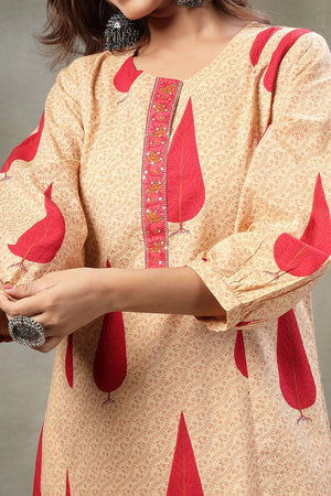 Red Floral Printed Cotton Straight Cut Suit Set