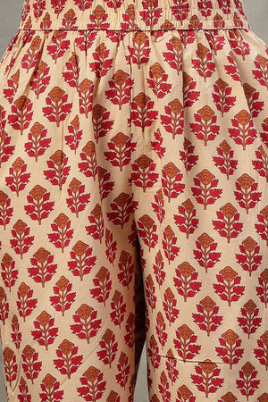 Red Floral Printed Cotton Straight Cut Suit Set