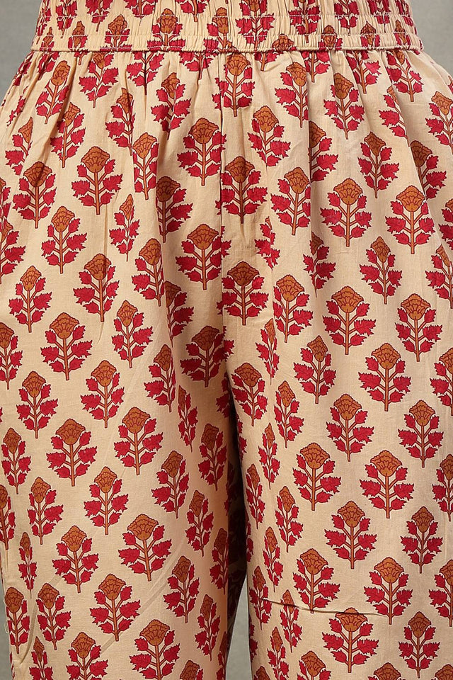 Red Floral Printed Cotton Straight Cut Suit Set
